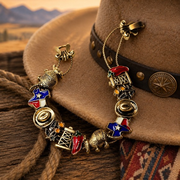 Jewelry - Vintage Texas Charm Bracelet Gold Cowboy Hat Armadillo Slide Bracelet Western